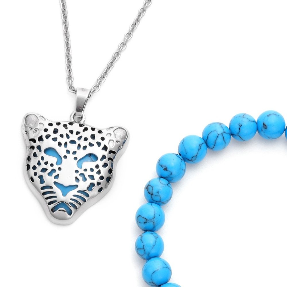 🐆 Leopard Pendant + 20" Necklace + Bracelet, Blue Howlite.